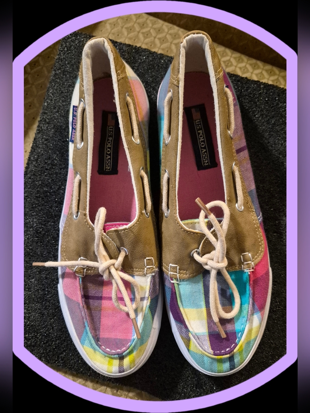 U.S. Polo Assn. Women's Multicolor Plaid Canvas Boat Shoes with Tan Accents